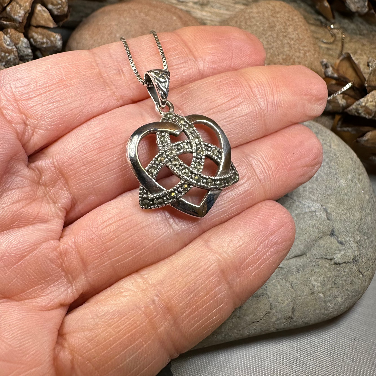 Celtic Love Knot Necklace in Sterling Silver with Marcasites