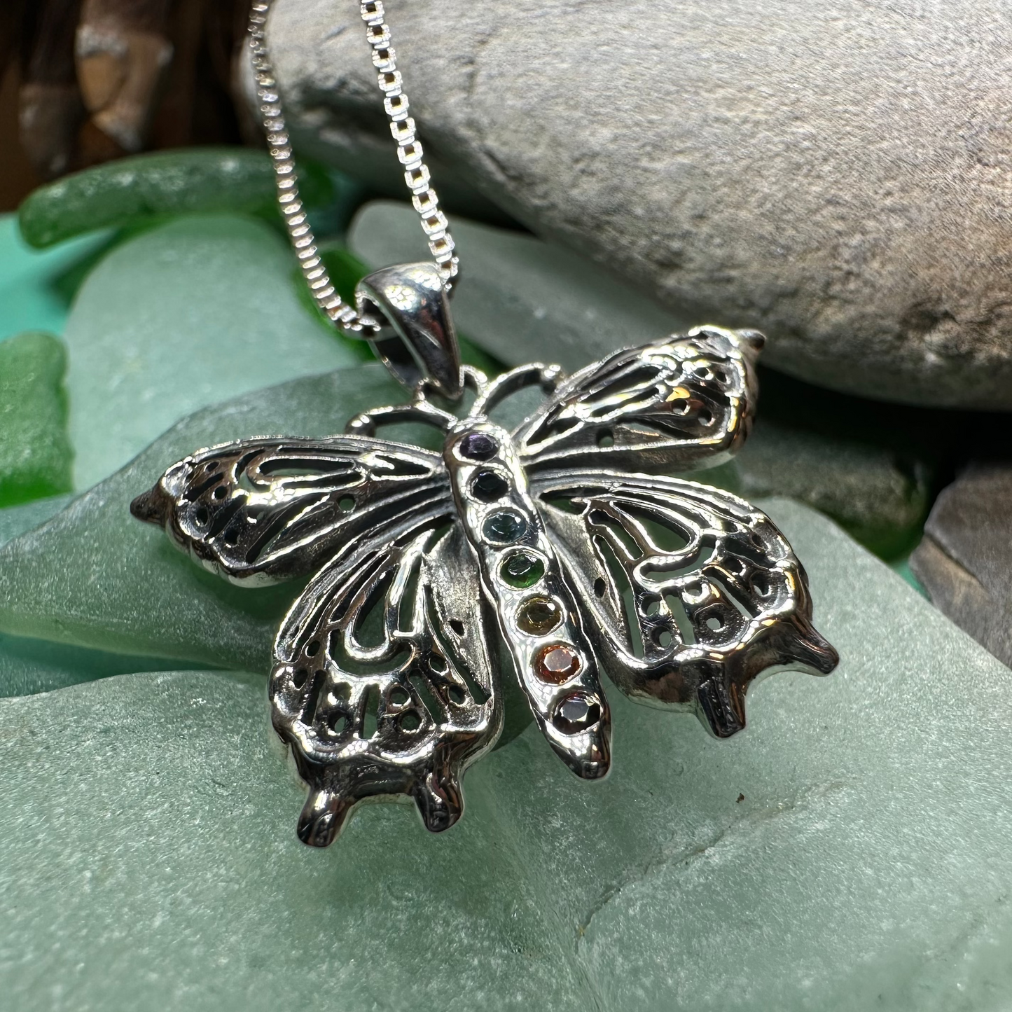 Rainbow Butterfly Necklace in Sterling Silver