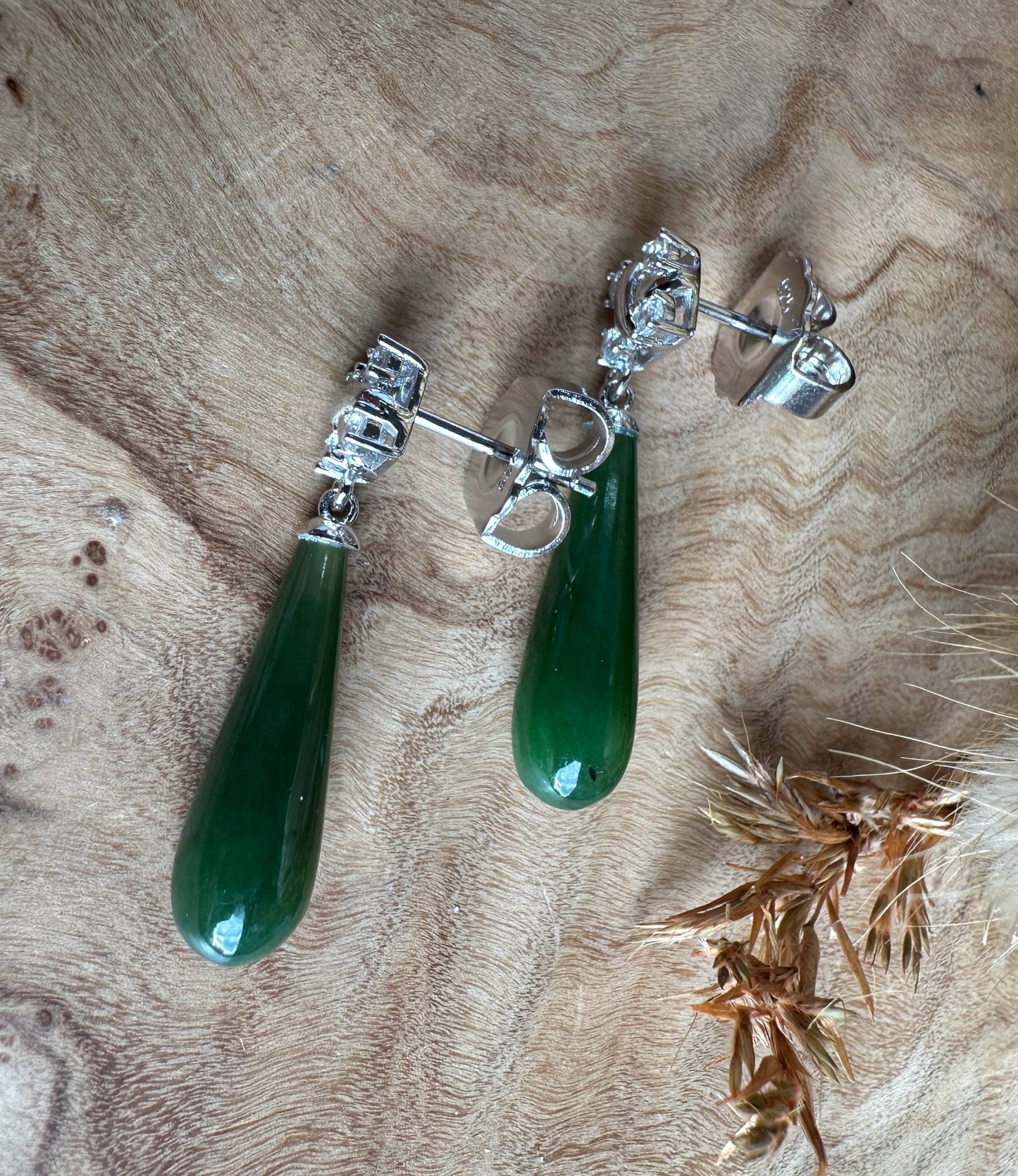 Silver and Nephrite Jade Drop Earrings - 32mm