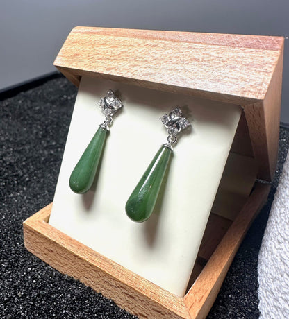 Silver and Nephrite Jade Drop Earrings - 32mm