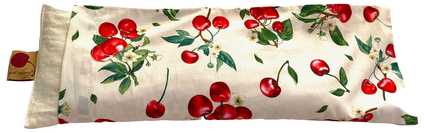 Hot Cherry Rectangular/Cervical Neck Pillow in Unbleached, Pre-washed, Natura Denim with Cherry Print Pillowcase - Hot and Cold Comfort Pack