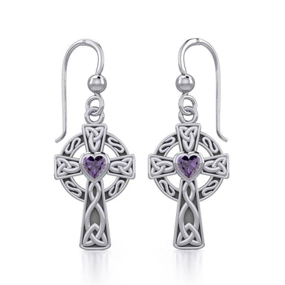 Celtic Cross Sterling Silver Earrings with Heart Gemstone