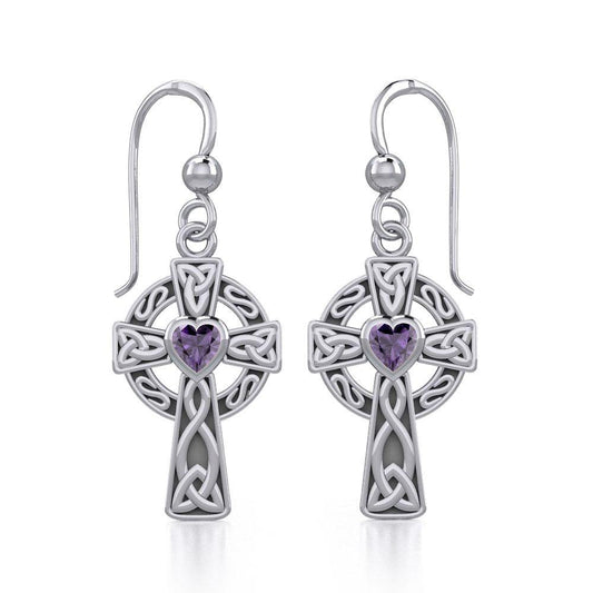 Celtic Cross Sterling Silver Earrings with Heart Gemstone