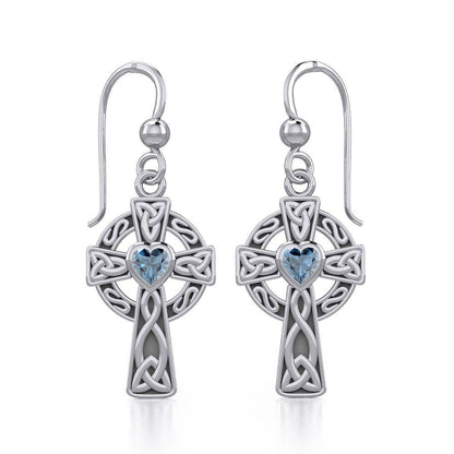 Celtic Cross Sterling Silver Earrings with Heart Gemstone