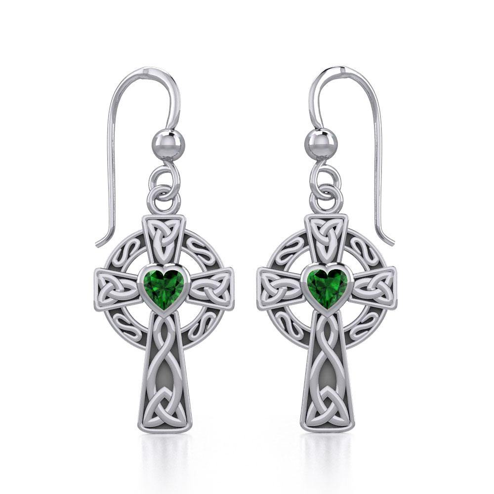 Celtic Cross Sterling Silver Earrings with Heart Gemstone