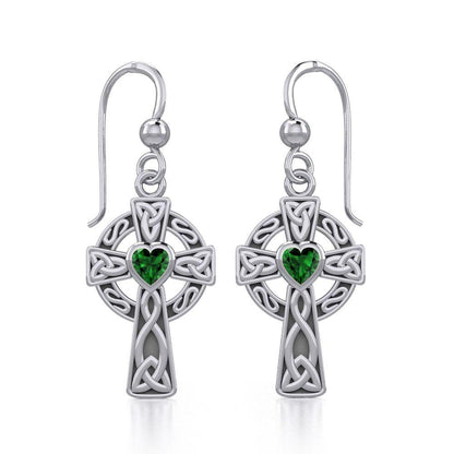 Celtic Cross Sterling Silver Earrings with Heart Gemstone