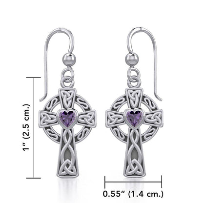 Celtic Cross Sterling Silver Earrings with Heart Gemstone