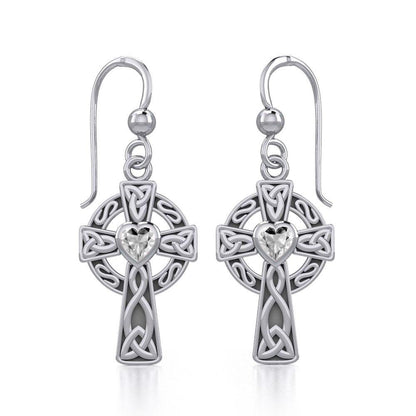 Celtic Cross Sterling Silver Earrings with Heart Gemstone