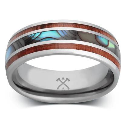 The Angler - Men's Ring / Wedding Band - Tungsten with Abalone Shell and Koa Wood