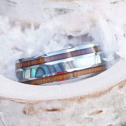 The Angler - Men's Ring / Wedding Band - Tungsten with Abalone Shell and Koa Wood