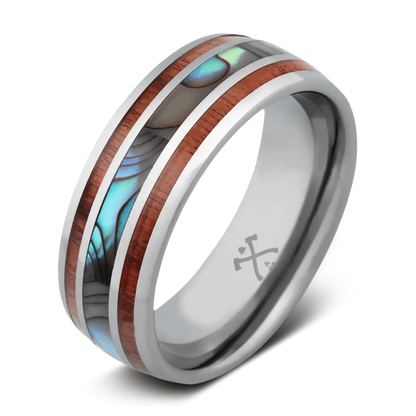 The Angler - Men's Ring / Wedding Band - Tungsten with Abalone Shell and Koa Wood