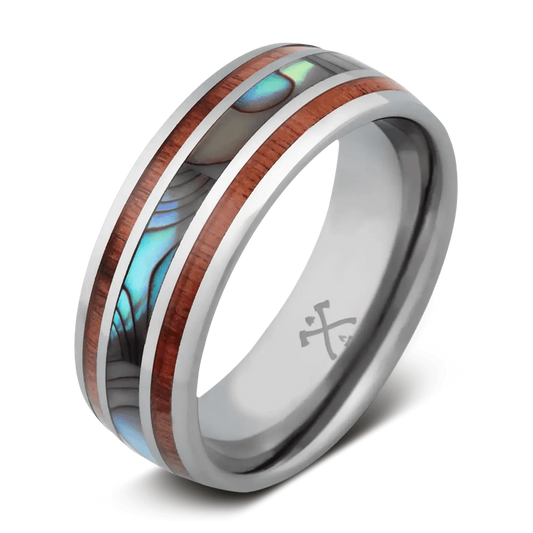 The Angler - Men's Ring / Wedding Band - Tungsten with Abalone Shell and Koa Wood