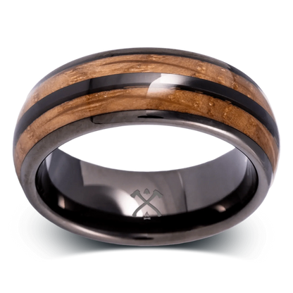 The Badger - Men's Ring / Wedding Band - Black Plated Tungsten with Double Oak Wood Inlays