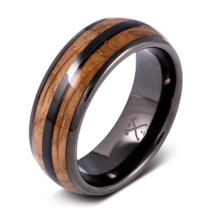 The Badger - Men's Ring / Wedding Band - Black Plated Tungsten with Double Oak Wood Inlays