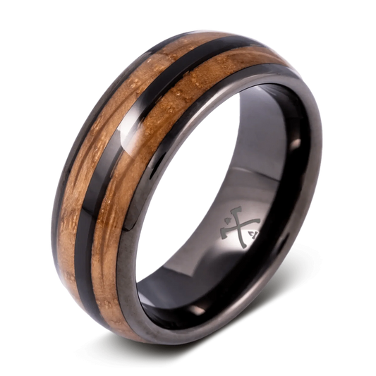 The Badger - Men's Ring / Wedding Band - Black Plated Tungsten with Double Oak Wood Inlays