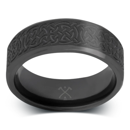 The Doire - Men's Ring / Wedding Band - Charcoal Gray Zirconium with Celtic Knotwork