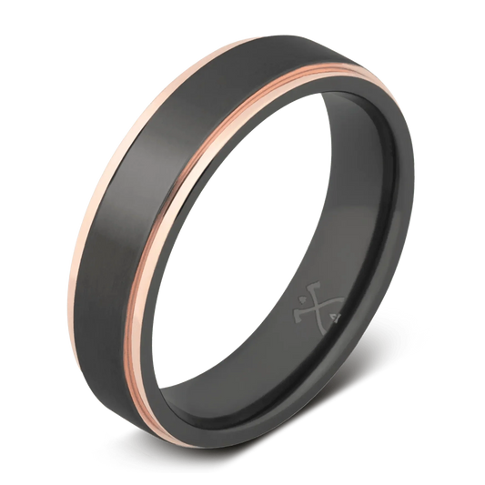 The Fitzgerald - Men's Ring / Wedding Band - Charcoal Gray Zirconium with Rose Gold