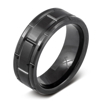 The Keep - Black-Plated Tungsten with Brick Design