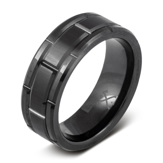 The Keep - Black-Plated Tungsten with Brick Design