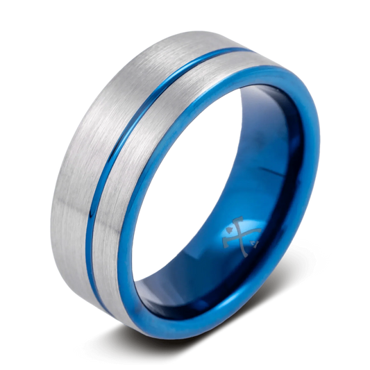 The Peacekeeper - Men's Ring / Wedding Band - Tungsten with Blue Plated Inlay and Interior
