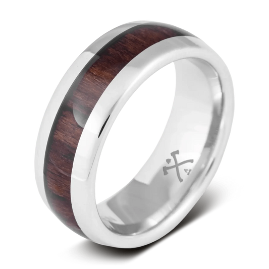 The Rancher - Men's Ring / Wedding Band - Platinum Plated Tungsten with Koa Wood