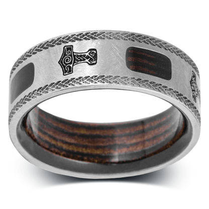 The Thor - Men's Ring / Wedding Band - Titanium with Leather Inlay and Etched Thor's Hammer