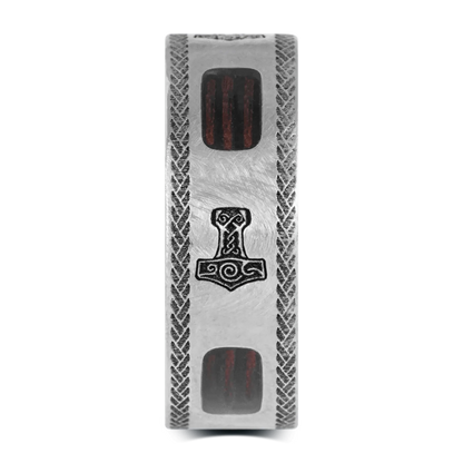 The Thor - Men's Ring / Wedding Band - Titanium with Leather Inlay and Etched Thor's Hammer