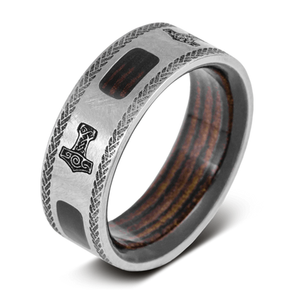 The Thor - Men's Ring / Wedding Band - Titanium with Leather Inlay and Etched Thor's Hammer