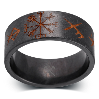 The Wayfinder - Men's Ring / Wedding Band - Black Zirconium with Etched Viking Runes and Compass