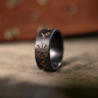 The Wayfinder - Men's Ring / Wedding Band - Black Zirconium with Etched Viking Runes and Compass