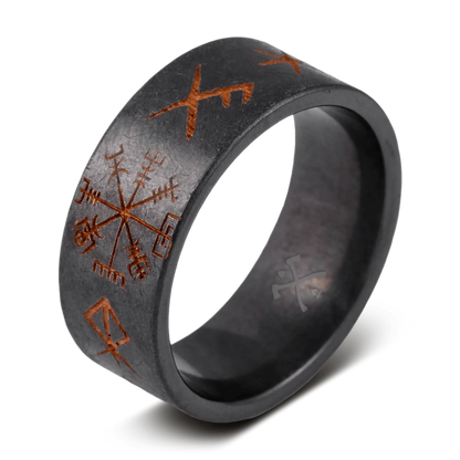 The Wayfinder - Men's Ring / Wedding Band - Black Zirconium with Etched Viking Runes and Compass