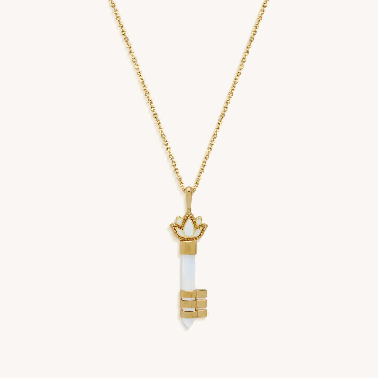 Spiritual Awakening Rainbow Moonstone Key & Lotus Gold Necklace