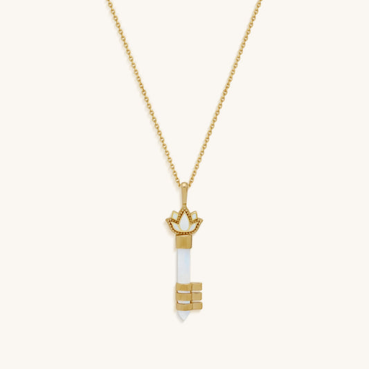 Spiritual Awakening Rainbow Moonstone Key & Lotus Gold Necklace