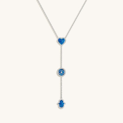 Heart’s Serenity Lab Blue Opal Multi-Symbol Silver Necklace