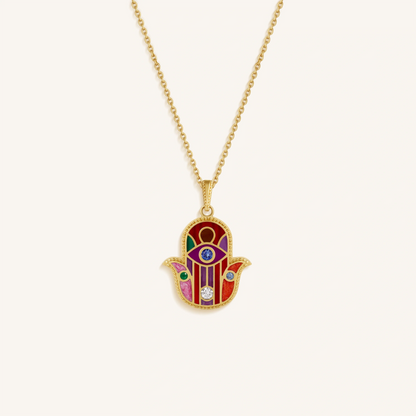 Divine Aura Multi-Gemstone Hamsa Charm Necklace
