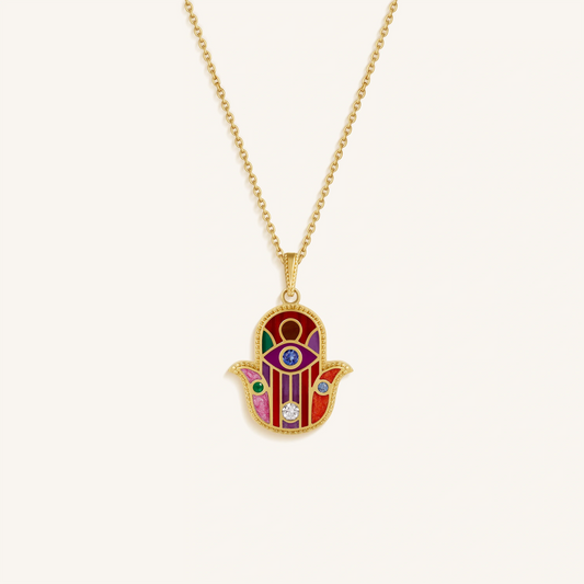Divine Aura Multi-Gemstone Hamsa Charm Necklace