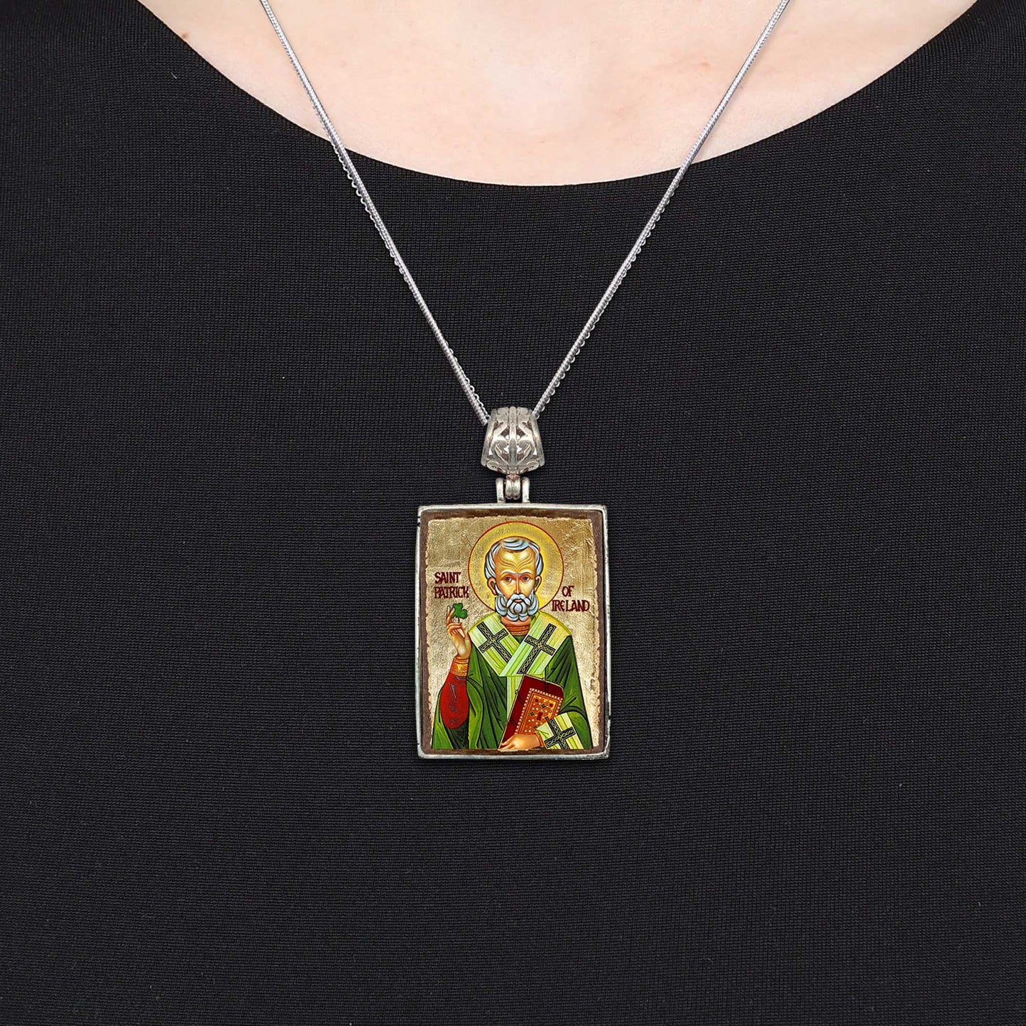 Saint Patrick Silver Plated Necklace, Gold-Plated Wooden Cabochon - Patron Saint of Ireland