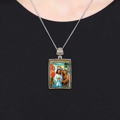 Christening Religious Jewelry - Silver Plated Necklace, Gold-Plated Wooden Cabochon