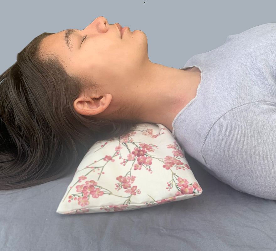 Hot Cherry Cervical/Rectangle Neck Pillow in Unbleached, Pre-washed, Natural Denim, with Cherry Blossom Pillowcase - Hot and Cold Comfort Pack