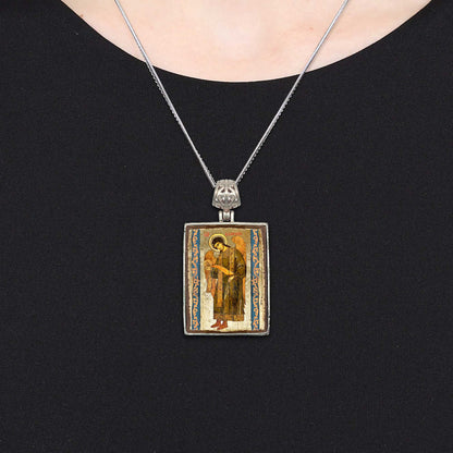Saint Gabriel Archangel Silver Plated Necklace, Gold-Plated Wooden Cabochon