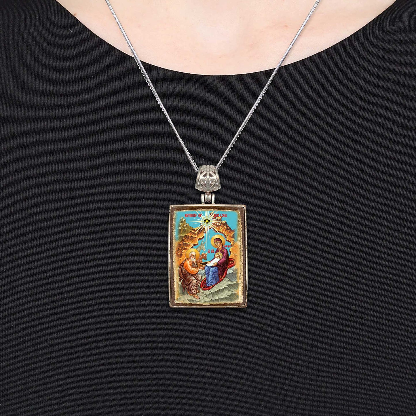 Nativity Silver Plated Necklace, Gold-Plated Wooden Cabochon - Orthodox Sacred Icon