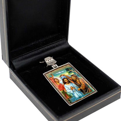 Christening Religious Jewelry - Silver Plated Necklace, Gold-Plated Wooden Cabochon