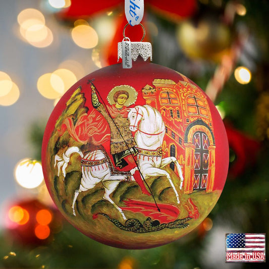 Saint George Glass Ball Icon Ornament - Handblown Mercury Glass