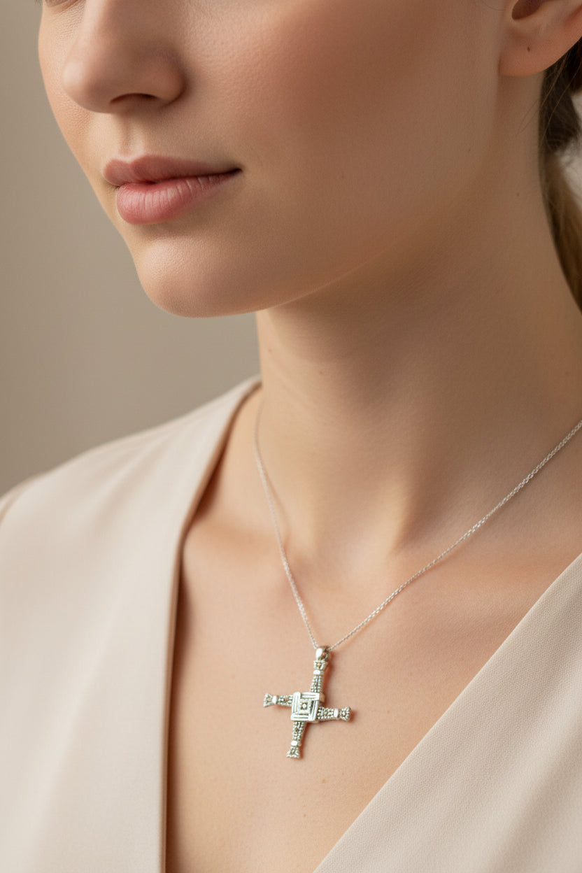 Irish Saint Brigid's Cross Necklace - Sterling Silver with Marcasites