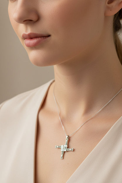 Irish Saint Brigid's Cross Necklace - Sterling Silver with Marcasites