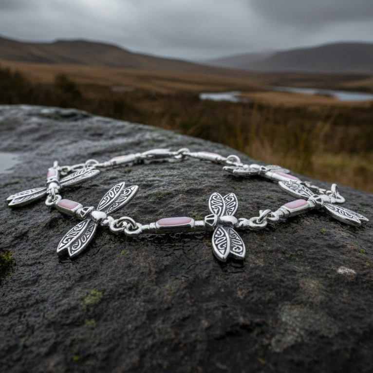 Pink Dragonfly Bracelet in Sterling Silver