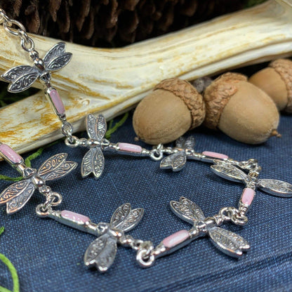 Pink Dragonfly Bracelet in Sterling Silver