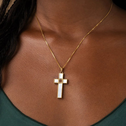 Radiant Harmony Mother of Pearl Cross Bible Nano Chip Necklace - Entire New Testament, King James Version