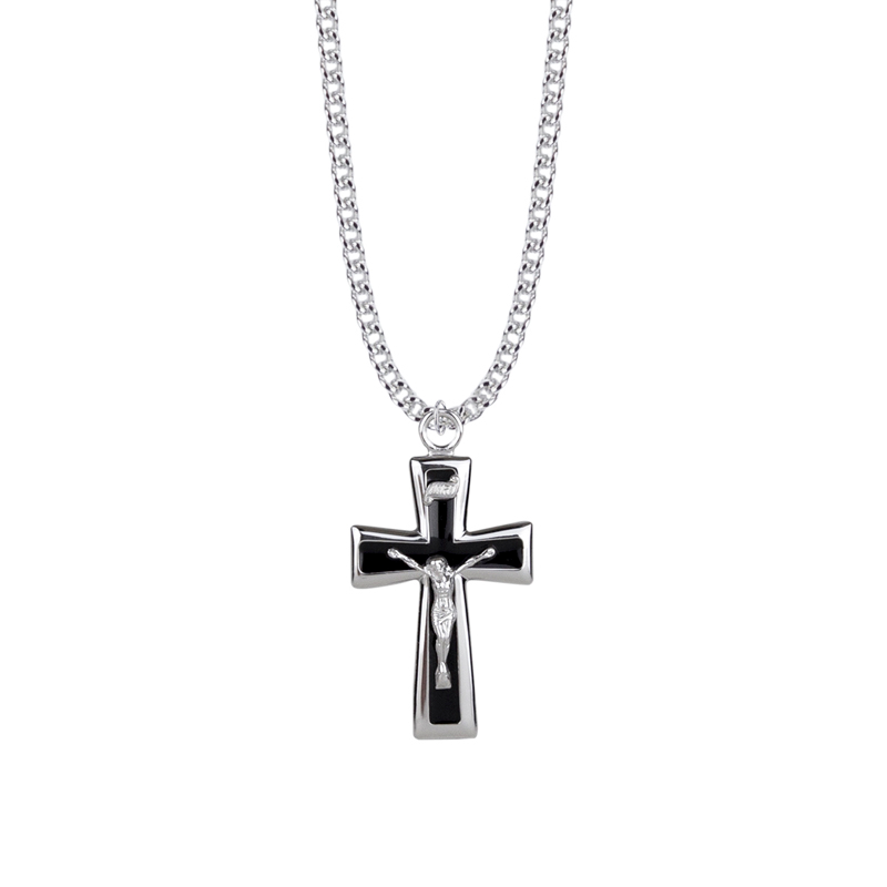 Sterling Silver Black Enameled Crucifix Necklace | Catholic Crucifix | Men’s Faith Jewelry | Confirmation Gift | Catholic Gift