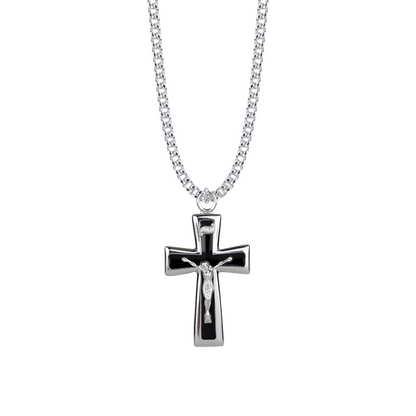 Sterling Silver Black Enameled Crucifix Necklace | Catholic Crucifix | Men’s Faith Jewelry | Confirmation Gift | Catholic Gift